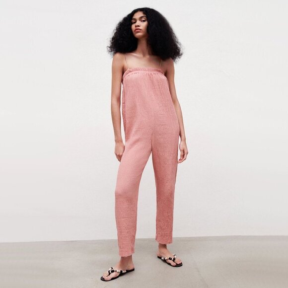 NWOT Zara dusty rose pink long gauze cotton blend sleeveless jumpsuit, XS - Picture 1 of 10